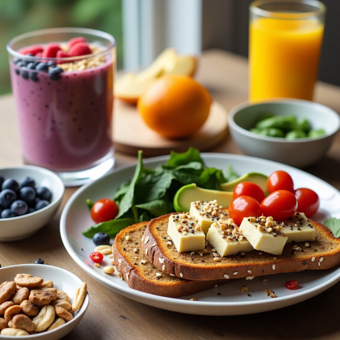 Healthy vegetarian breakfast ideas including fruits, oats, and smoothies.