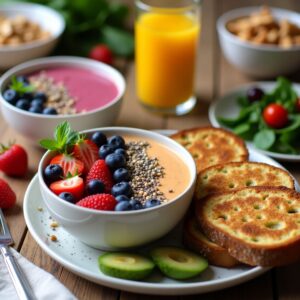 Healthy vegetarian breakfast ideas including fruits, oats, and smoothies.
