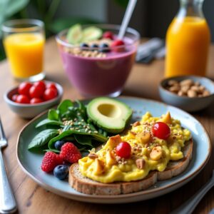 Healthy vegetarian breakfast ideas including fruits, oats, and smoothies.