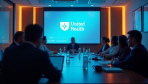 A financial chart showing United Health Group’s stock performance, with upward trends and key metrics highlighted.