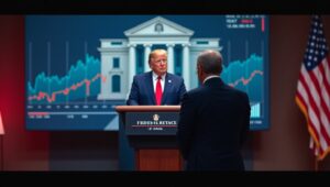 Illustration of Jerome Powell, Federal Reserve Chairman, and President Donald Trump discussing economic policy.