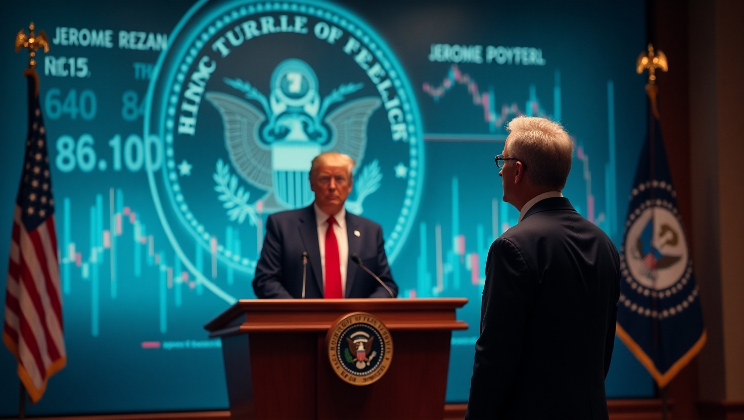 Illustration of Jerome Powell, Federal Reserve Chairman, and President Donald Trump discussing economic policy.